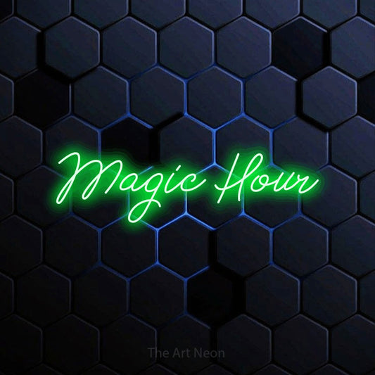 Green script-style LED neon sign reading "Magic Hour" against a blue hexagonal wall for living room décor