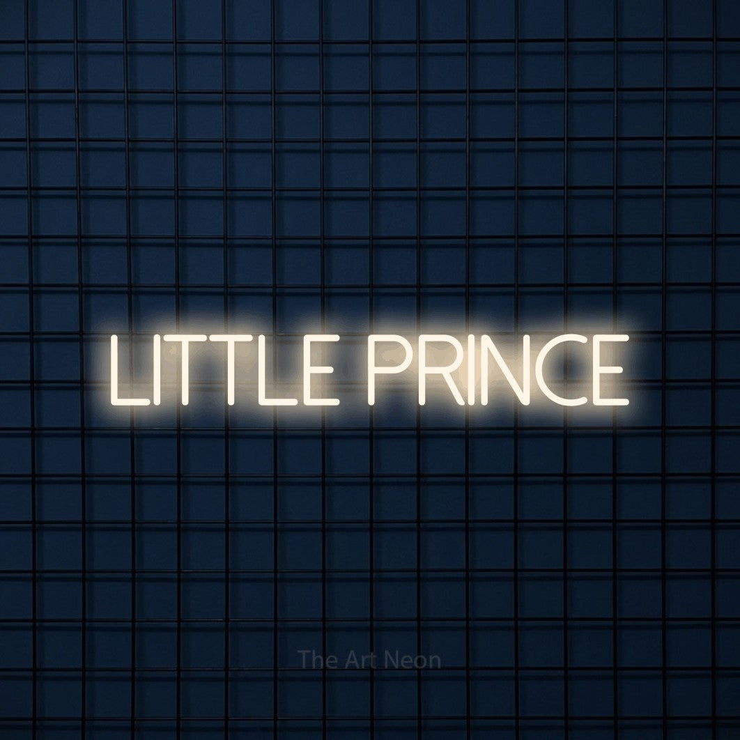Enseigne néon à DEL à lumière blanche chaude, affichant « Little Prince » sur un mur carrelé bleu foncé, pour décorer une chambre de bébé