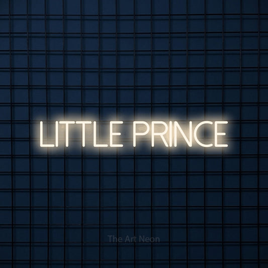 Enseigne néon à DEL à lumière blanche chaude, affichant « Little Prince » sur un mur carrelé bleu foncé, pour décorer une chambre de bébé