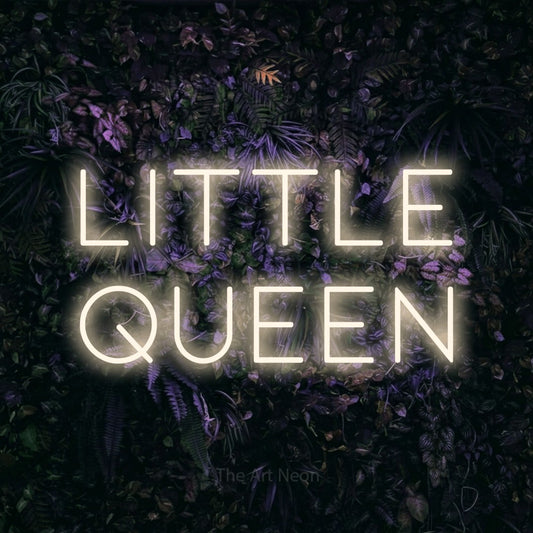 Enseigne néon à DEL à lumière blanche chaude, affichant « Little Queen » sur un mur floral violet, pour décorer une chambre de bébé