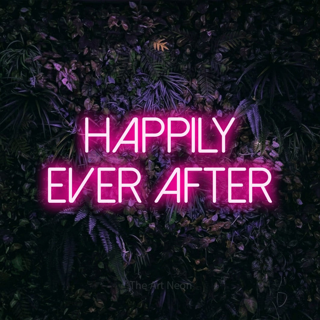 Enseigne néon à DEL à lumière rose vif, affichant « Happily Ever After » sur un mur floral violet, pour décorer une chambre de bébé