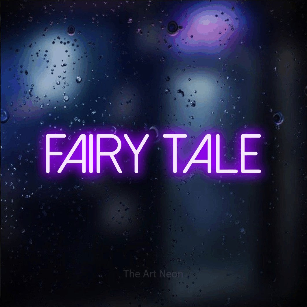 Enseigne néon à DEL à lumière violette, affichant « Fairy Tale » sur un arrière-plan bokeh bleu foncé, pour décorer une chambre de bébé