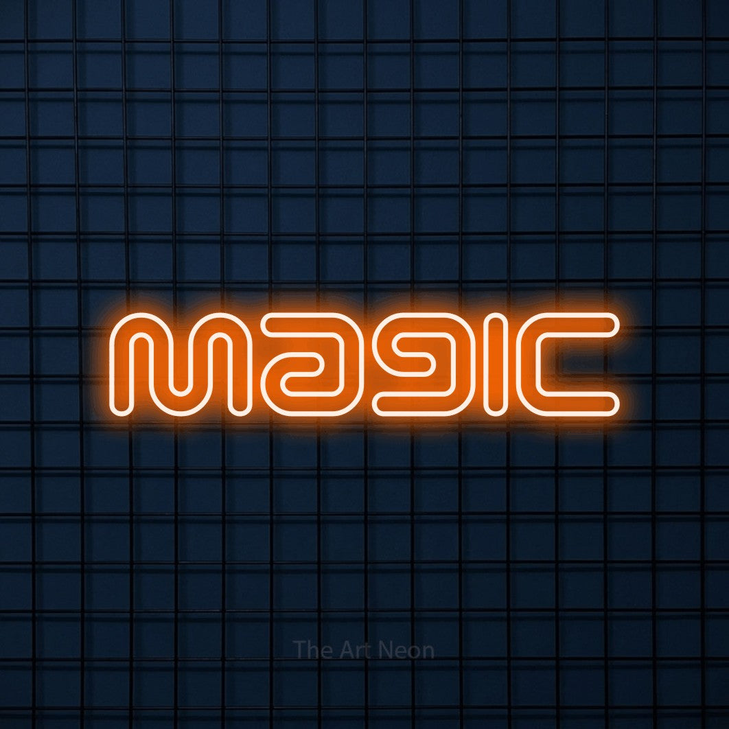 Enseigne néon à DEL à lumière orange, de style contour, affichant « Magic » sur un mur carrelé bleu foncé, pour décorer une chambre de bébé