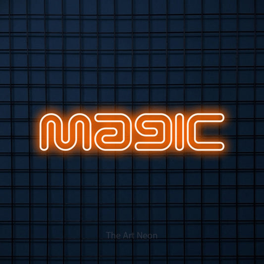 Enseigne néon à DEL à lumière orange, de style contour, affichant « Magic » sur un mur carrelé bleu foncé, pour décorer une chambre de bébé