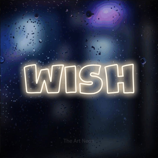 Enseigne néon à DEL à lumière blanche chaude, de style contour, affichant « Wish » sur un arrière-plan bokeh bleu foncé, pour décorer une chambre de bébé