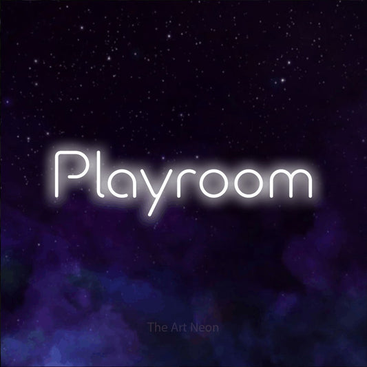 Enseigne néon à DEL à lumière blanche froide, affichant « Playroom » sur un arrière-plan de galaxie violette, pour décorer une chambre de bébé
