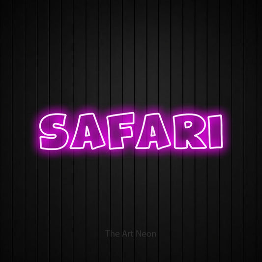Enseigne néon à DEL à lumière rose, de style contour, affichant « Safari » sur un mur noir à lattes verticales, pour décorer une chambre de bébé