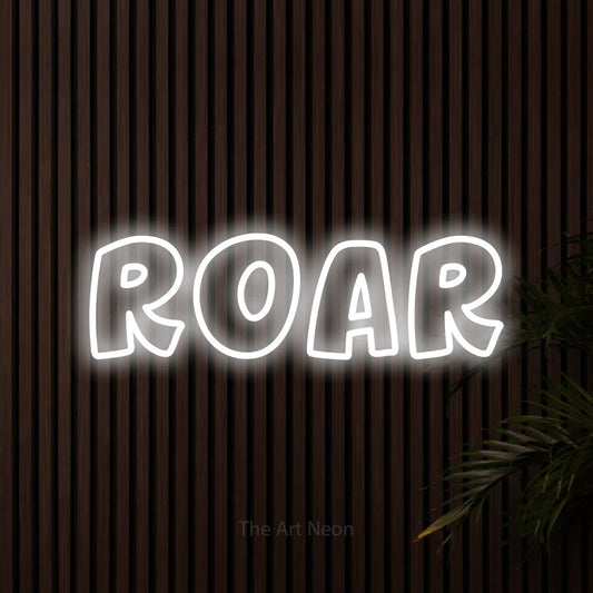 Cool white outline-style LED neon sign reading "Roar" against dark wooden slats for nursery décor