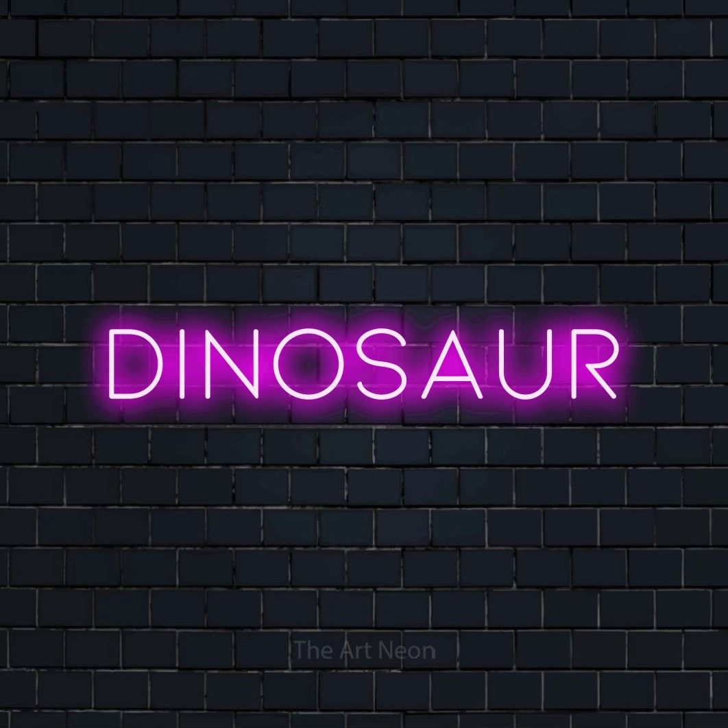 Enseigne néon à DEL à lumière rose, affichant « Dinosaur » sur un mur de briques bleu marine foncé, pour décorer une chambre de bébé