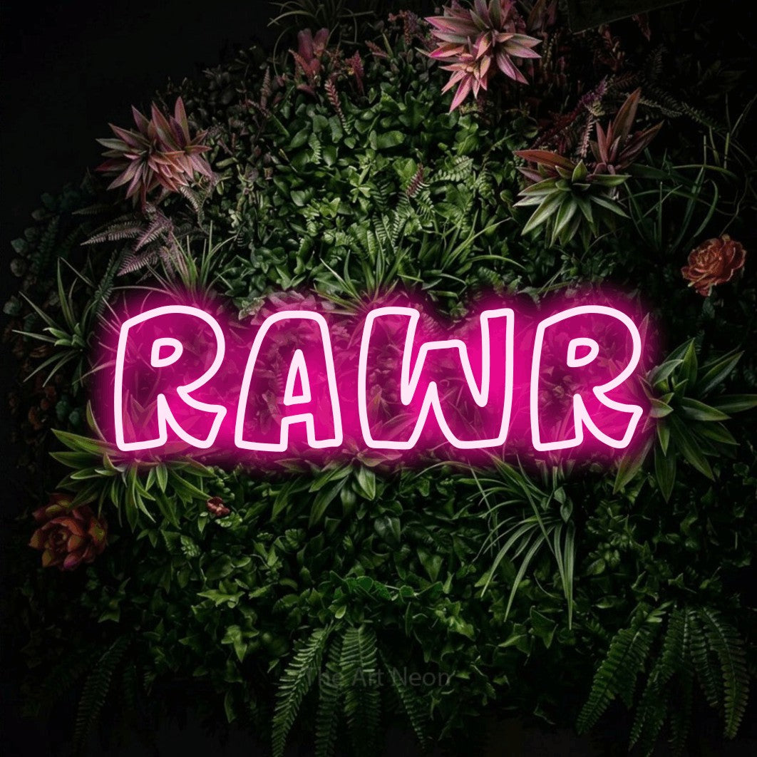 Enseigne néon à DEL à lumière rose vif, de style contour, affichant « Rawr » sur un mur de jardin fleuri, pour décorer une chambre de bébé