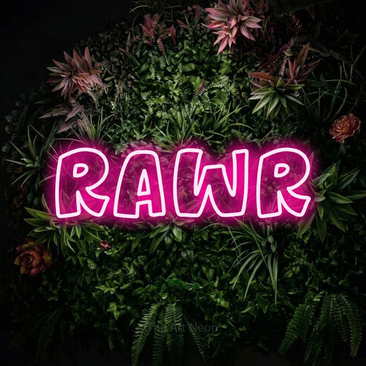 Hot pink outline-style LED neon sign reading "Rawr" against a flowering garden wall for nursery décor