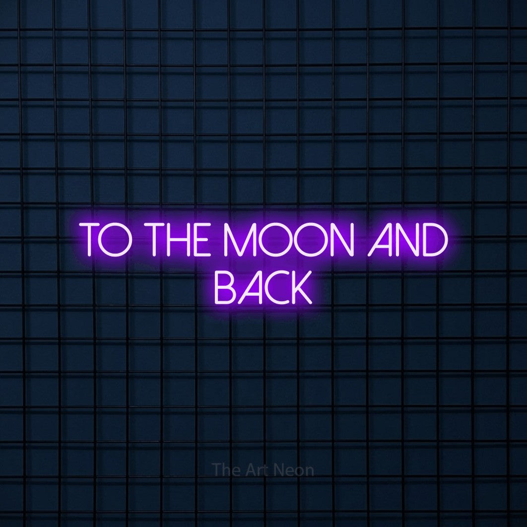 Purple LED neon sign reading "To the Moon and Back" against a dark blue tiled wall for nursery décor