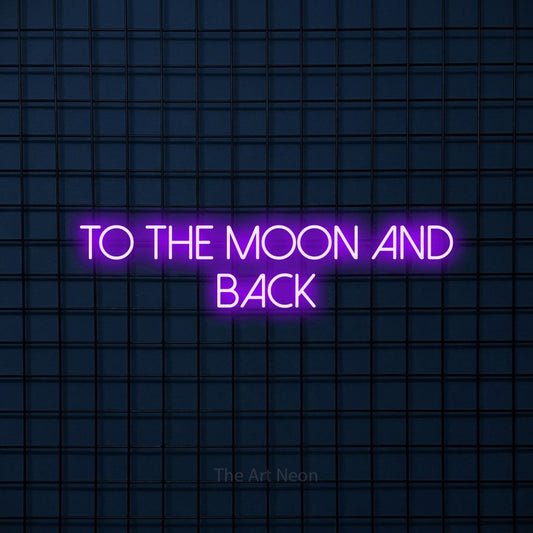Purple LED neon sign reading "To the Moon and Back" against a dark blue tiled wall for nursery décor