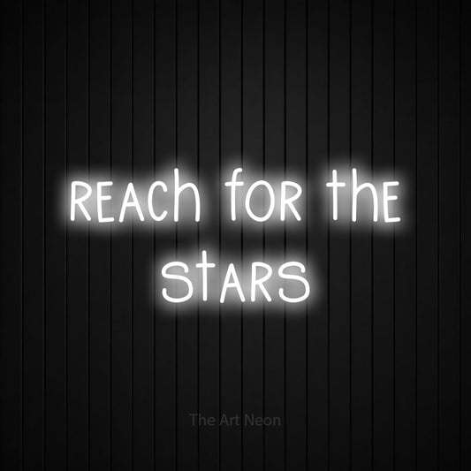 Cool white LED neon sign reading "Reach for the Stars" against a black vertical slat wall for nursery décor