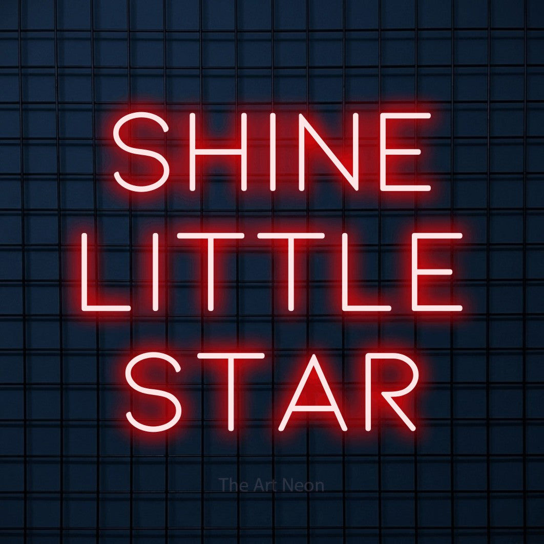 Red LED neon sign reading "Shine Little Star" against a dark blue tiled wall for nursery décor