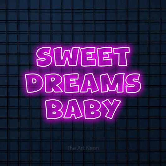Pink outline-style LED neon sign reading "Sweet Dreams Baby" against a dark blue tiled wall for nursery décor