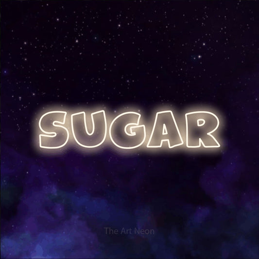 Warm white outline-style LED neon sign reading "Sugar" against a purple galaxy background for nursery décor