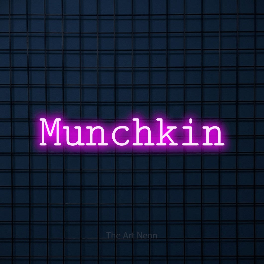 Pink LED neon sign reading "Munchkin" against a dark blue tiled wall for nursery décor