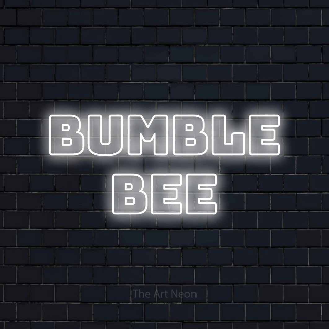 Cool white outline-style LED neon sign reading "Bumble Bee" against a dark navy brick wall for nursery décor