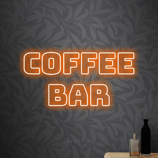 Orange outline-style LED neon sign reading "Coffee Bar" against light grey floral wallpaper for kitchen décor