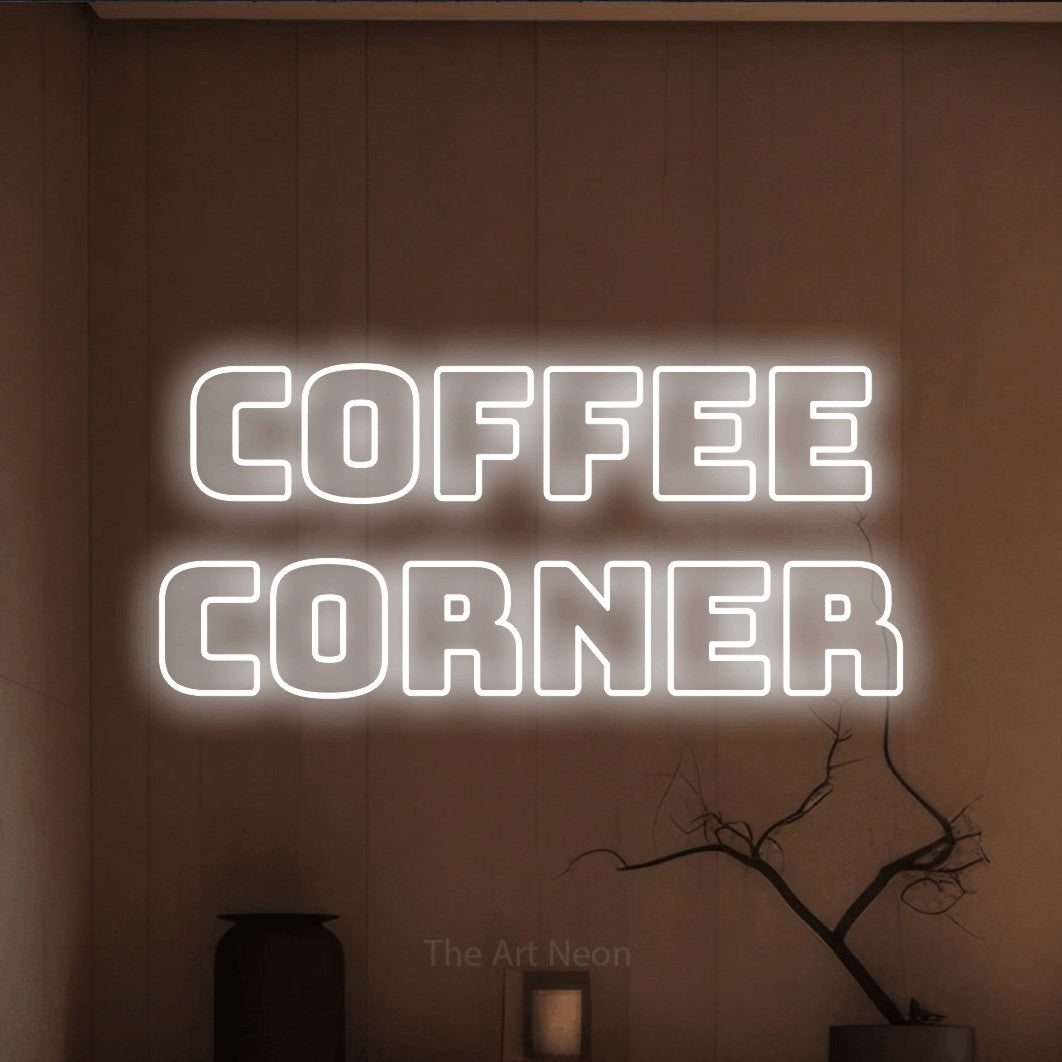 Cool white outline-style LED neon sign reading "Coffee Corner" against a warm brown wall for kitchen décor