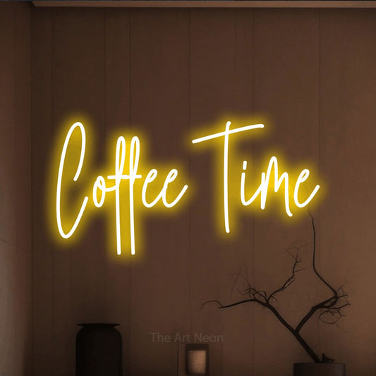Yellow script-style LED neon sign reading "Coffee Time" against a warm brown wall for kitchen décor
