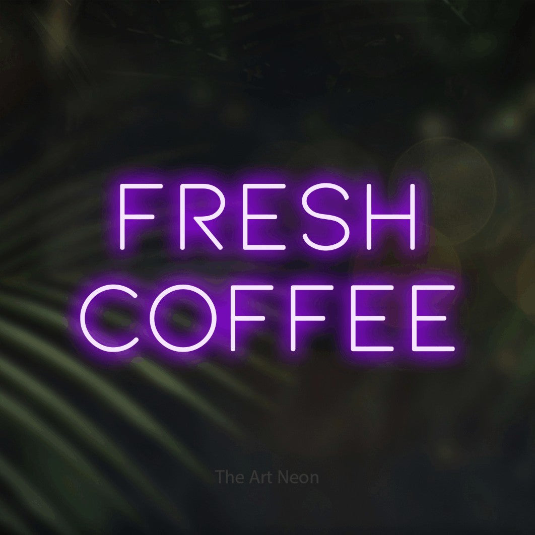Purple LED neon sign reading "Fresh Coffee" against dark blurred palm leaves for kitchen décor