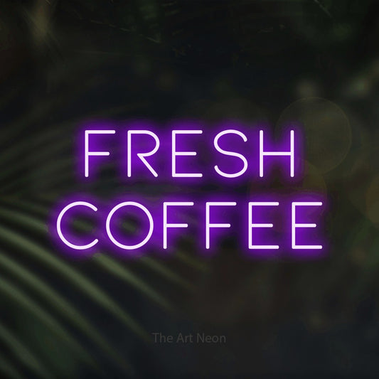 Purple LED neon sign reading "Fresh Coffee" against dark blurred palm leaves for kitchen décor