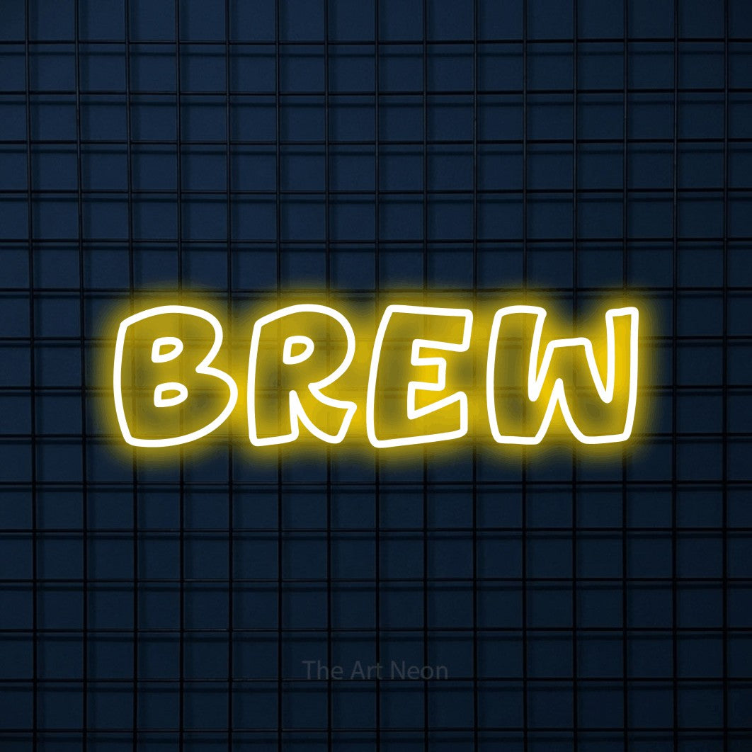 Enseigne néon à DEL à lumière jaune, de style contour, affichant « Brew » sur un mur carrelé bleu foncé, pour décorer une cuisine