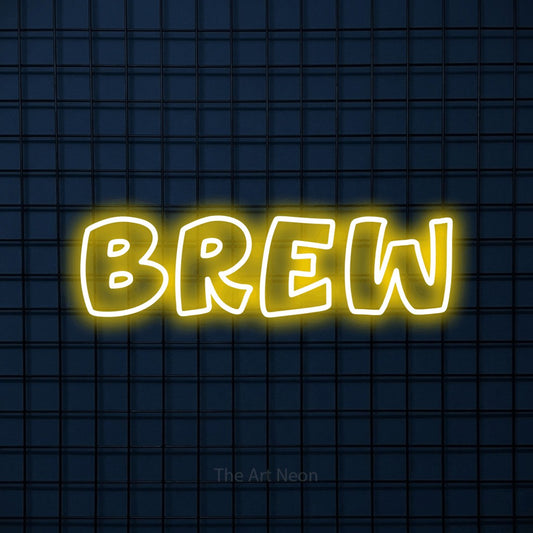 Yellow outline-style LED neon sign reading "Brew" against a dark blue tiled wall for kitchen décor