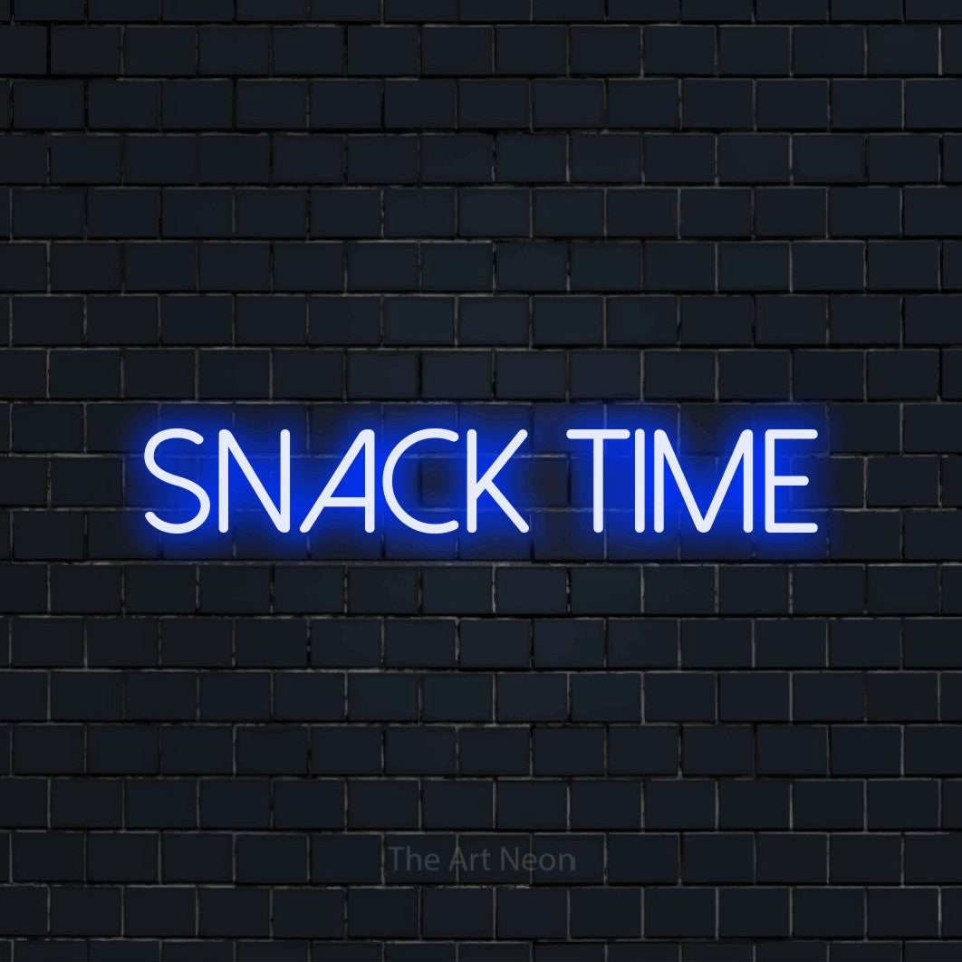 Blue LED neon sign reading "Snack Time" against a dark navy brick wall for kitchen décor