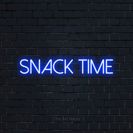 Blue LED neon sign reading "Snack Time" against a dark navy brick wall for kitchen décor