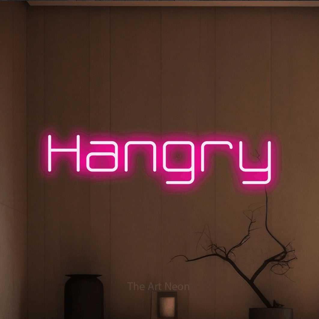 Hot pink LED neon sign reading "Hangry" against a warm brown wall for kitchen décor