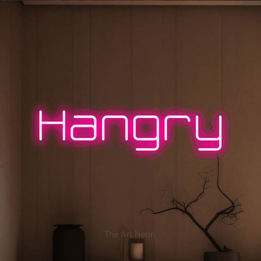 Hot pink LED neon sign reading "Hangry" against a warm brown wall for kitchen décor