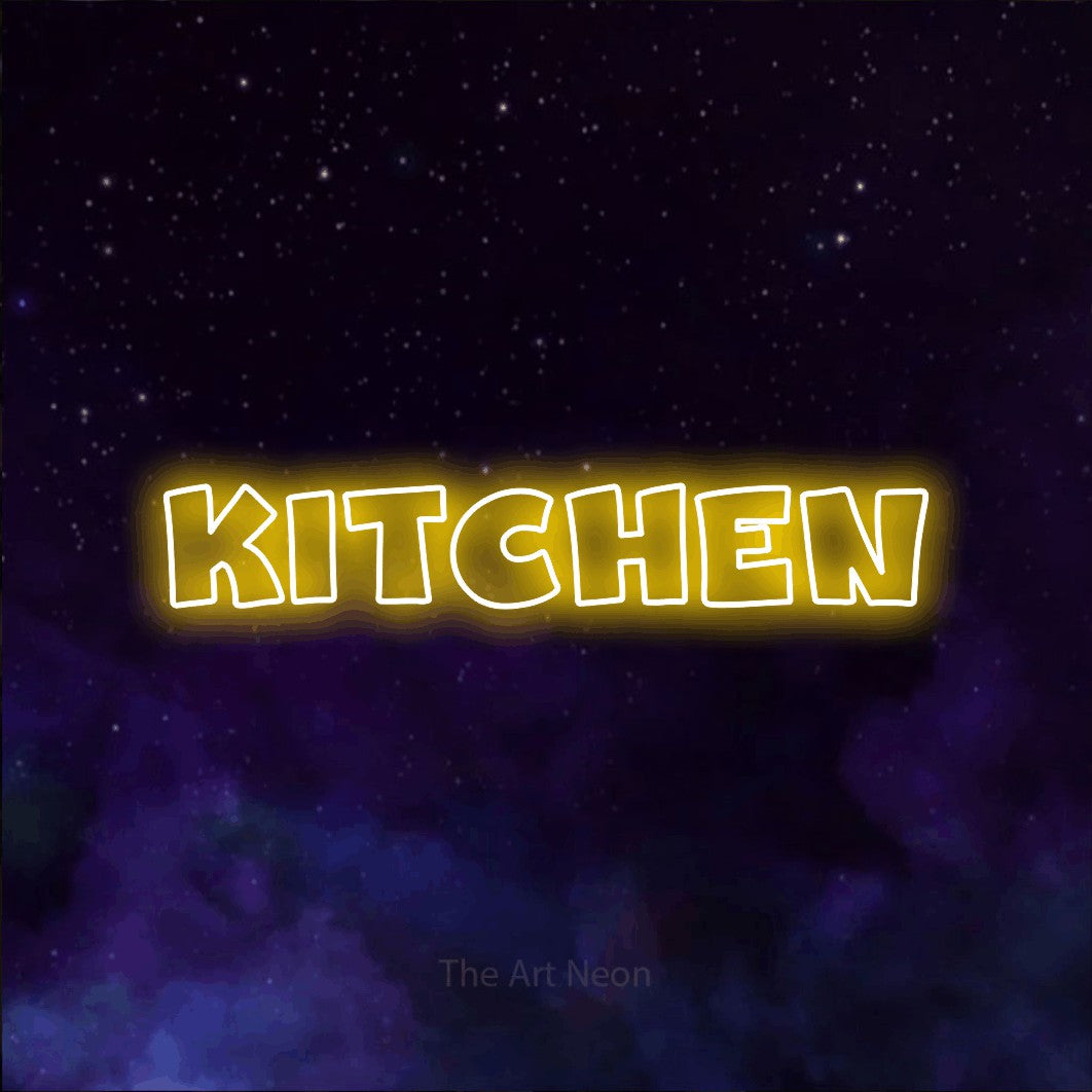 Yellow outline-style LED neon sign reading "Kitchen" against a purple galaxy background for kitchen décor