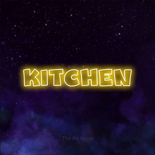 Yellow outline-style LED neon sign reading "Kitchen" against a purple galaxy background for kitchen décor