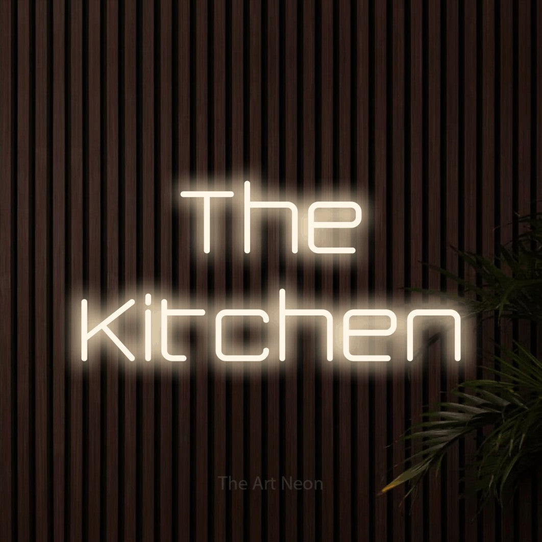 Warm white LED neon sign reading "The Kitchen" against dark wooden slats for kitchen décor