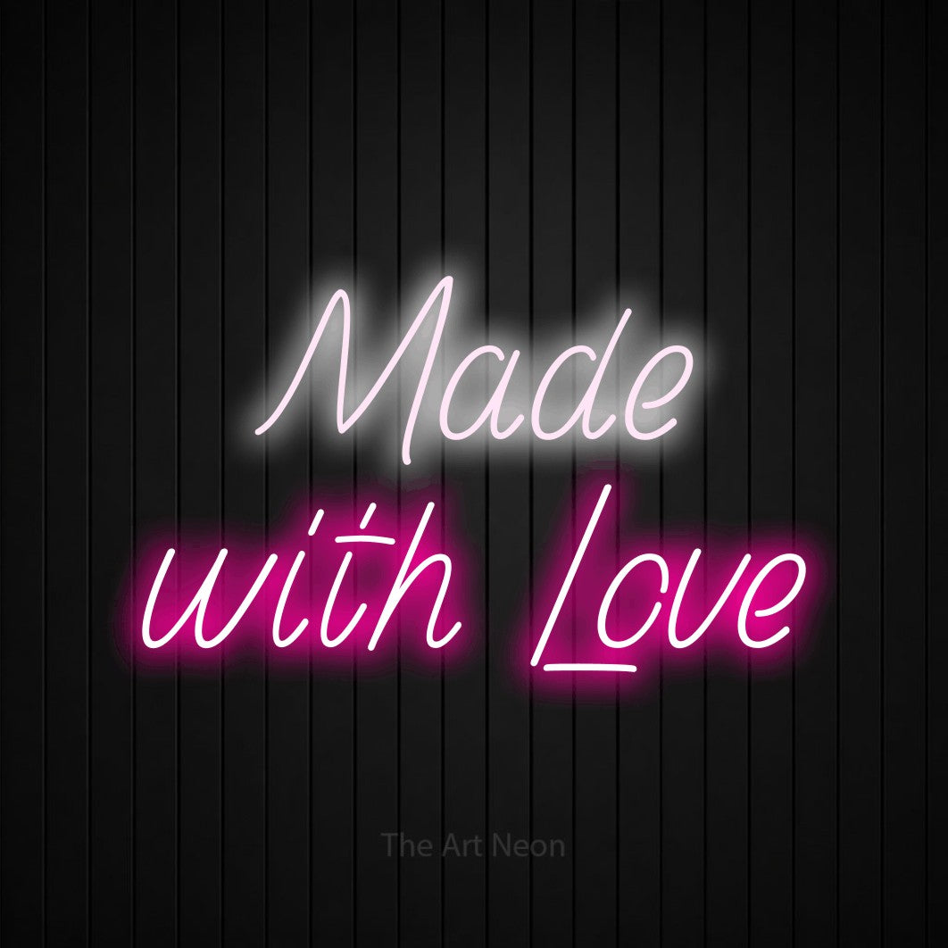 Hot pink and cool white LED neon sign reading "Made with Love" against a black vertical slat wall for kitchen décor