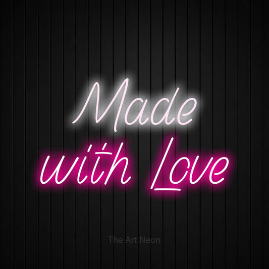 Hot pink and cool white LED neon sign reading "Made with Love" against a black vertical slat wall for kitchen décor