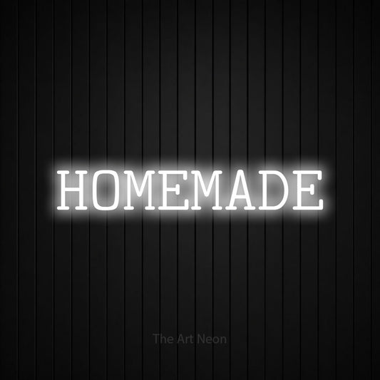 Cool white LED neon sign reading "Homemade" against a black vertical slat wall for kitchen décor