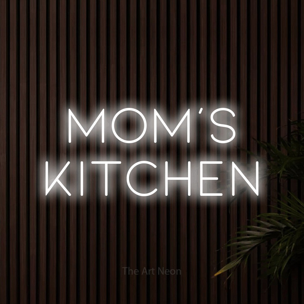 Cool white LED neon sign reading "Mom's Kitchen" against dark wooden slats for kitchen décor