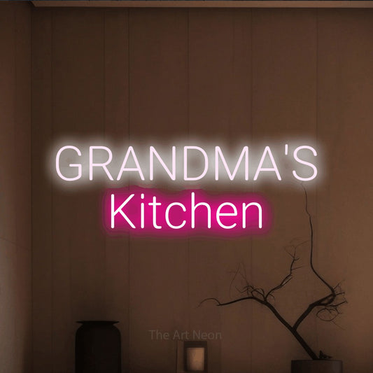 Hot pink and cool white LED neon sign reading "Grandma's Kitchen" against a warm brown wall for kitchen décor