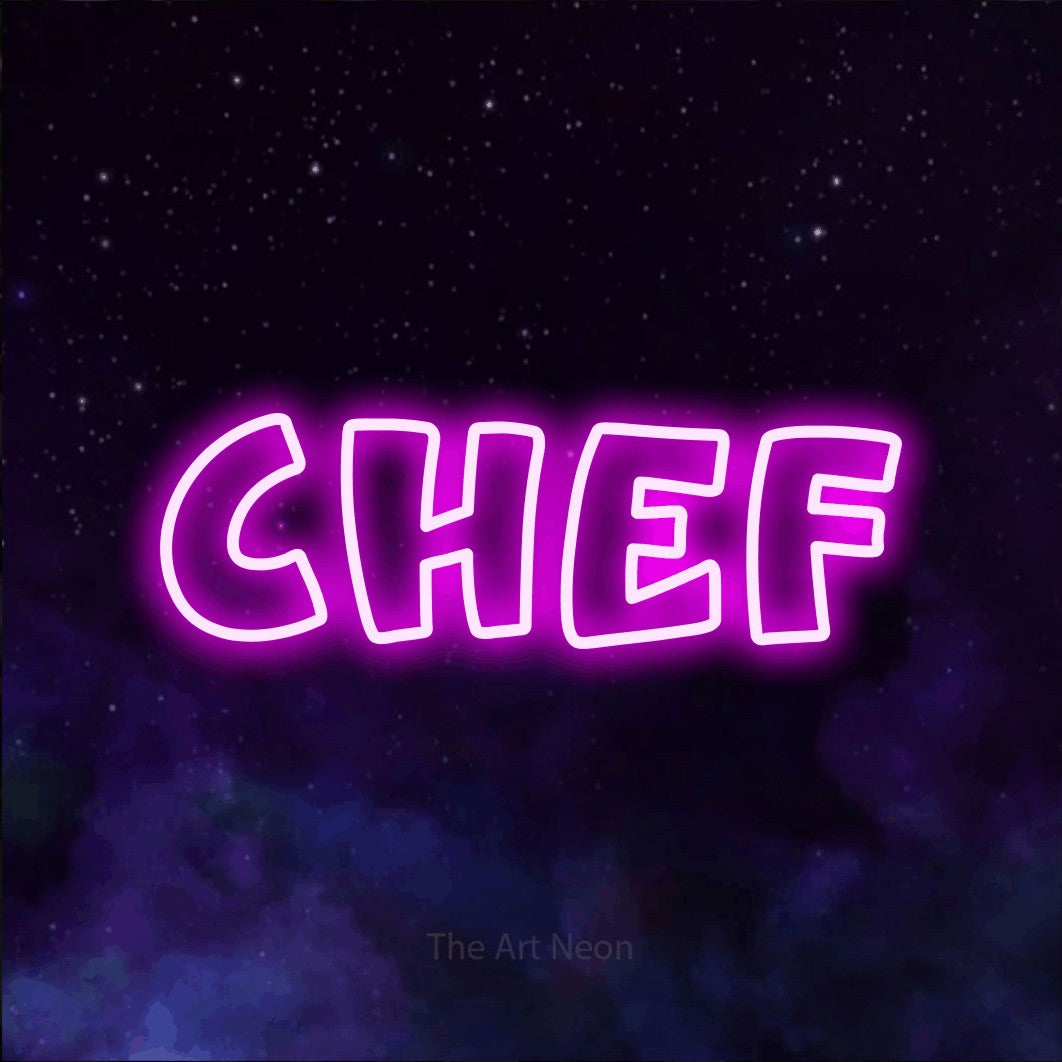 Pink outline-style LED neon sign reading "Chef" against a purple galaxy background for kitchen décor