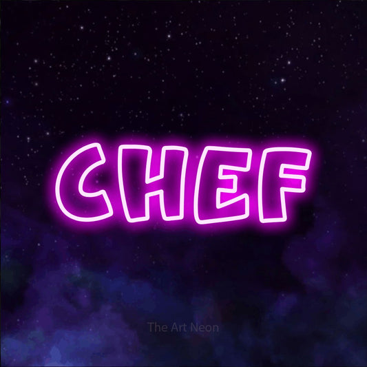Pink outline-style LED neon sign reading "Chef" against a purple galaxy background for kitchen décor