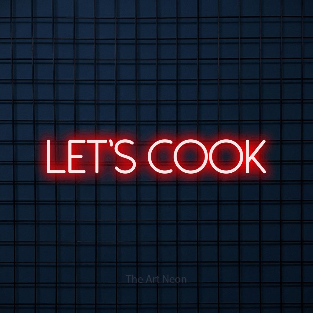 Red LED neon sign reading "Let's Cook" against a dark blue tiled wall for kitchen décor