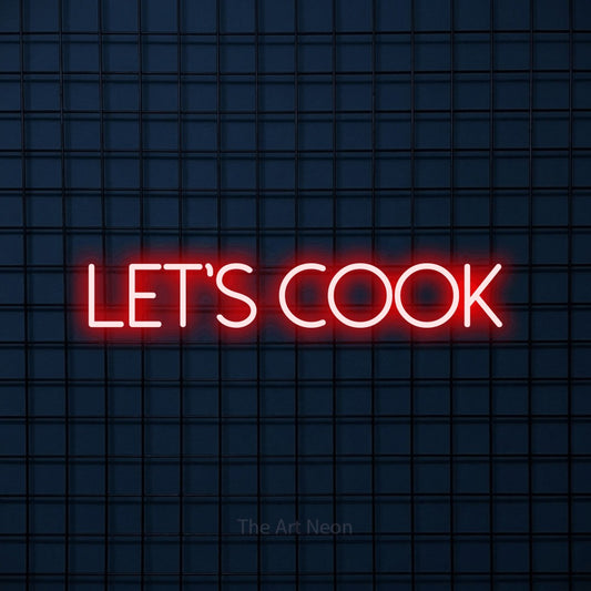 Red LED neon sign reading "Let's Cook" against a dark blue tiled wall for kitchen décor