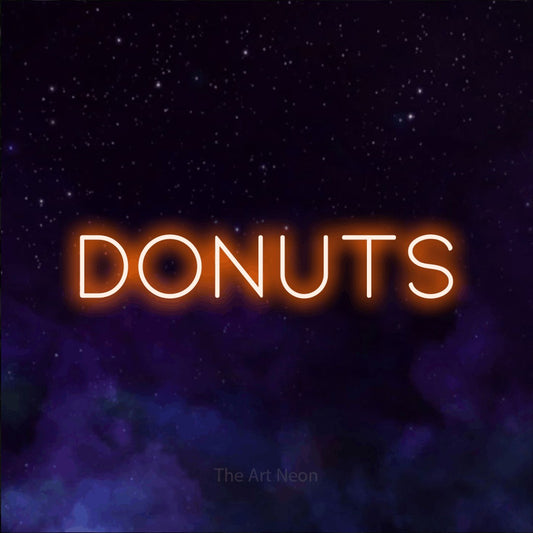 Orange LED neon sign reading "Donuts" against a purple galaxy background for kitchen décor