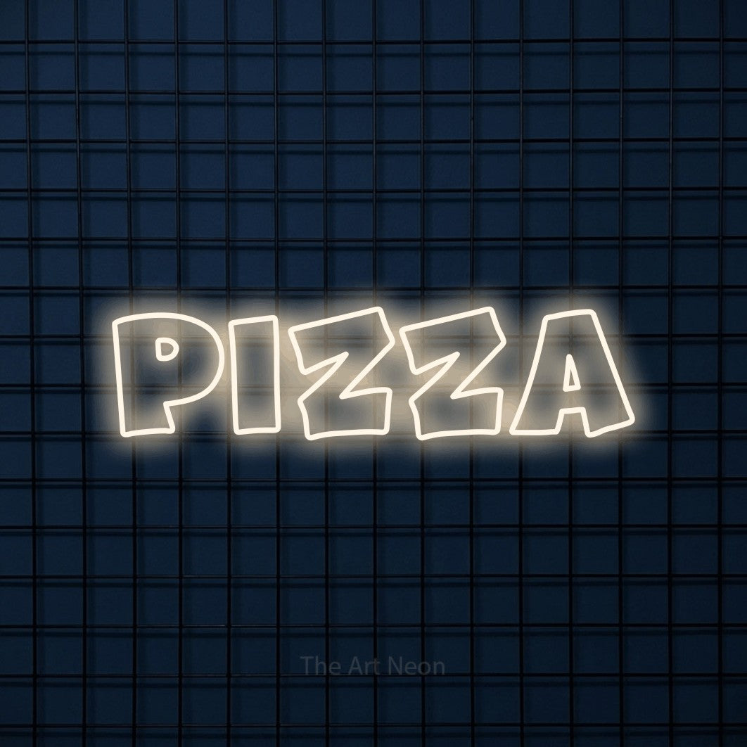 Warm white outline-style LED neon sign reading "Pizza" against a dark blue tiled wall for kitchen décor