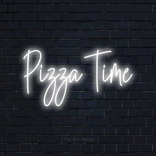 Cool white script-style LED neon sign reading "Pizza Time" against a dark navy brick wall for kitchen décor