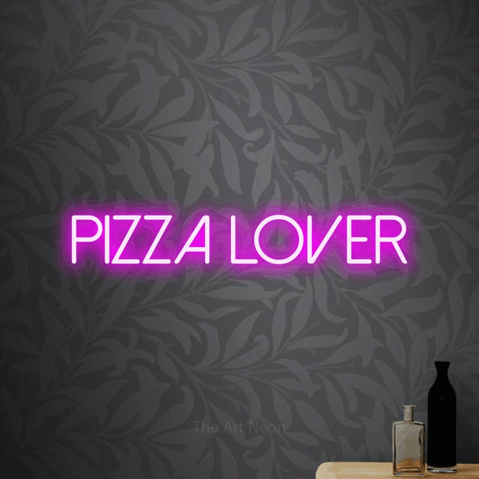 Pink LED neon sign reading "Pizza Lover" against light grey floral wallpaper for kitchen décor